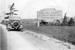 This photograph from the 1930s again demonstrates how familiar the keystone marker shape was in the Commonwealth from the 1910s until well after the Second World War. While this sign, announcing to motorists on the Lakes-to-Sea Highway that they had reached the Coal Hill Summit of the Allegheny Mountains, was much larger than the standard keystone marker, its shape was the same.  Photo from the Fred Yenerall collection