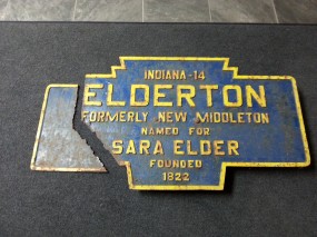 November 2015 photo by Borough of Elderton shows the marker broken in two and awaiting repair